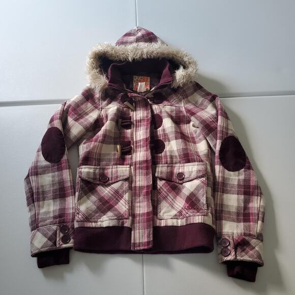 Y2K Billabong Jacket Womens Small Plaid Hooded Fur Lined Toggle Elbow Patch - Picture 1 of 12